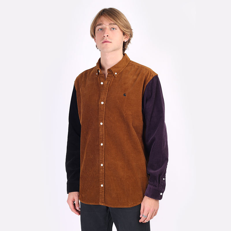 мужская коричневая рубашка Carhartt WIP L/S Triple Madison Cord Shirt I029480-tawny blk/dark ir - цена, описание, фото 1